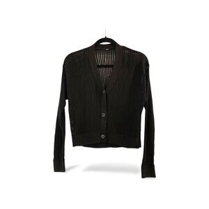 Uniqlo Mesh V Neck cardigan linen blend crochet knit pockets black Sz M